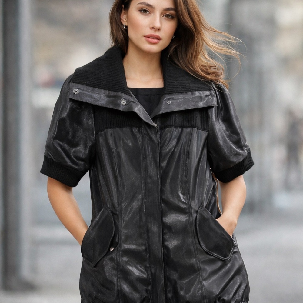 Simon Chang Black Short-Sleeve Faux Leather Jacket